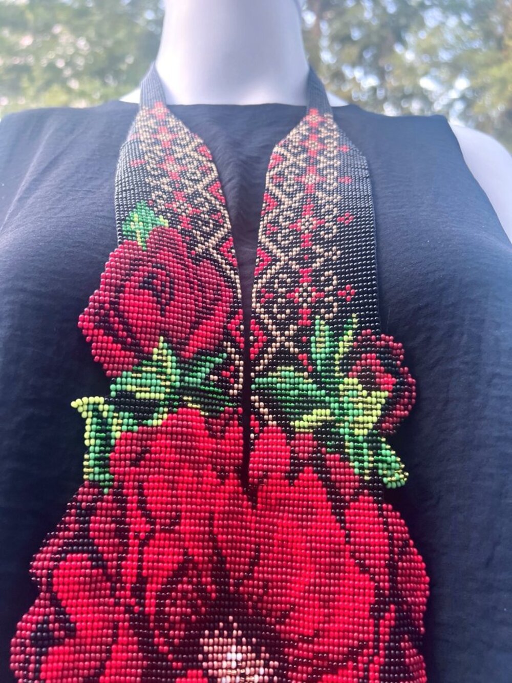 Handcrafted Beaded Necklace With Red Rose Design Black & Red Beads Elegant Flora - Picture 5 of 8
